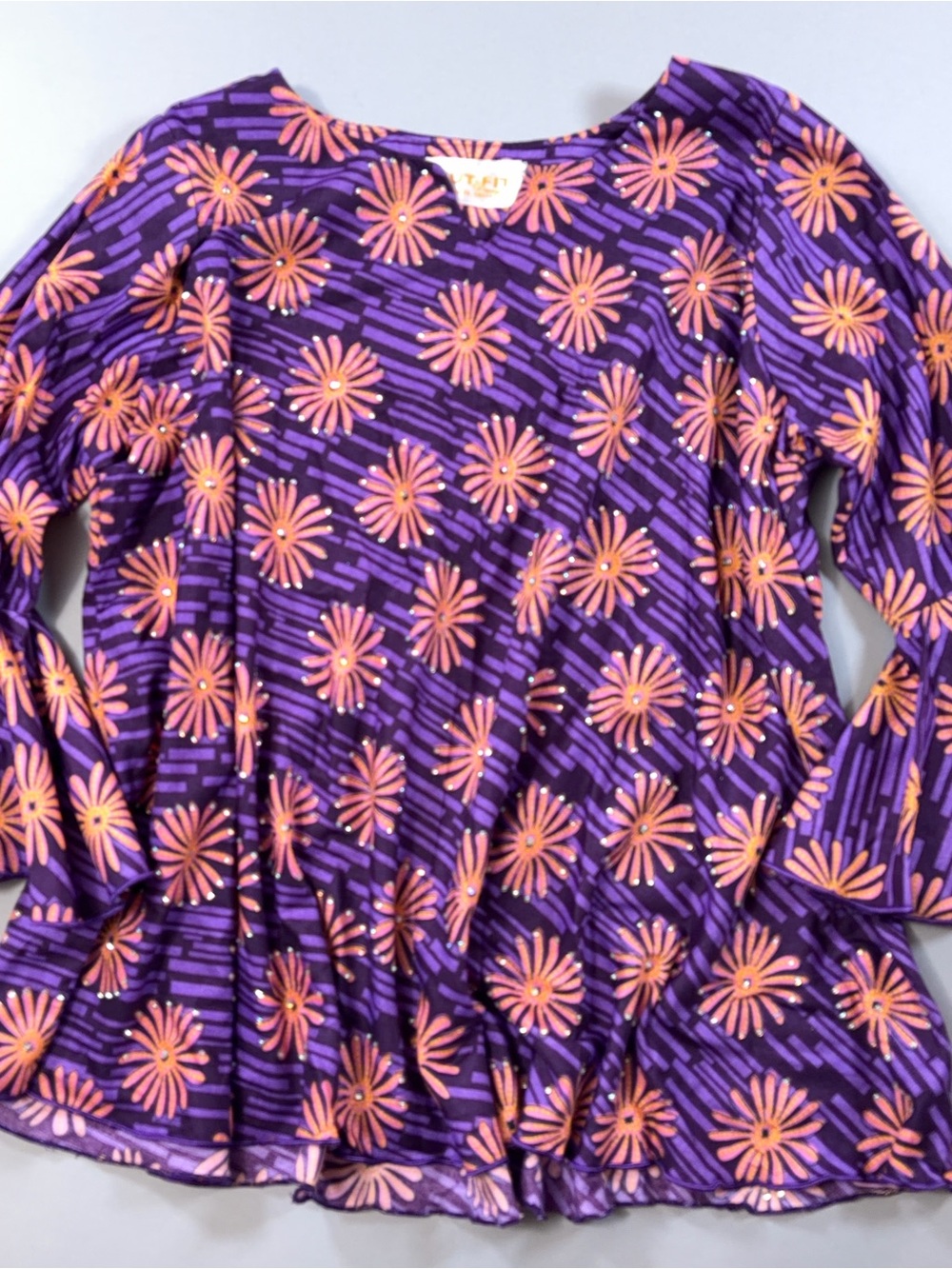 KUT-FIT Designs Purple Pink Floral Rhinestone Bell Sleeve Tunic Top Nigerian